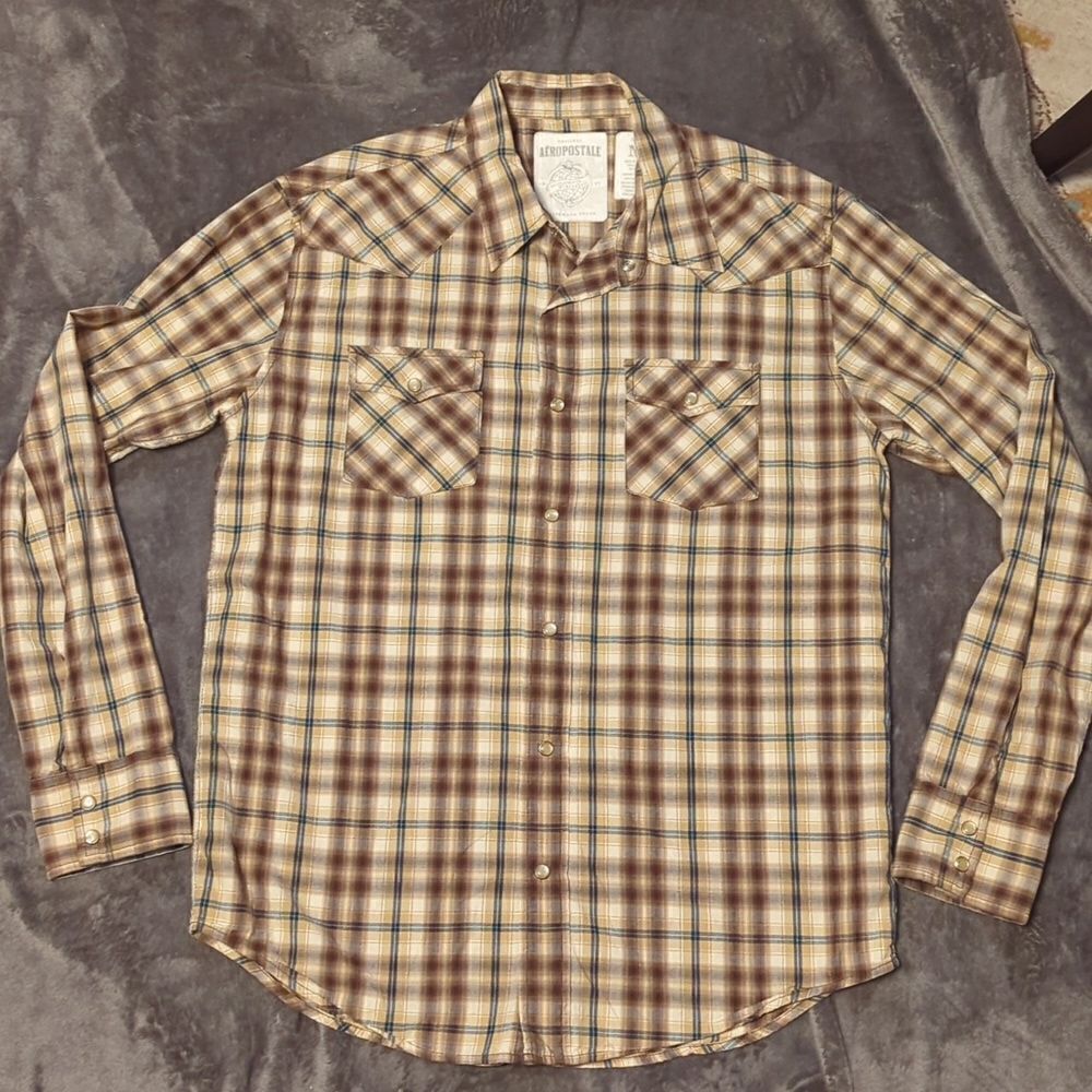 Aeropostale Mens Sz M Long Sleeve‎ Button Shirt Blue Brown Pearl Snap